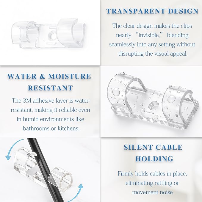 Clear Adhesive Cable Clips – Strong Nylon Wire Holders for Desk, Wall, Car, and Light Cord Management (60-Pack, Indoor/Outdoor Use)