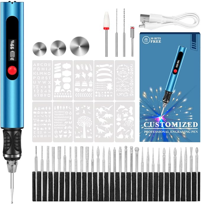Engraving Pen, Ultimate Cordless Engraving Pen for Artists & DIYers - Engrave 60+ Surfaces - Beginner Friendly- 30 Bits & Mastery Guide (Blue)
