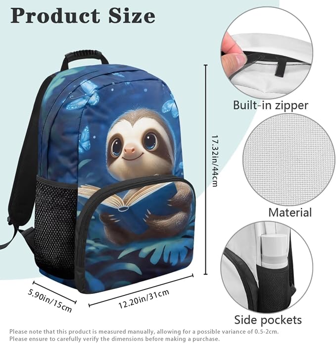 Kawaii Sloth Backpack Set for Girls, 4PCS Cute School Backpack with Lunch Box, Pencil Case & Water Bottle Sleeve, 17 Inch Elementary Bookbag for Kids Ages 6-8 Back to School