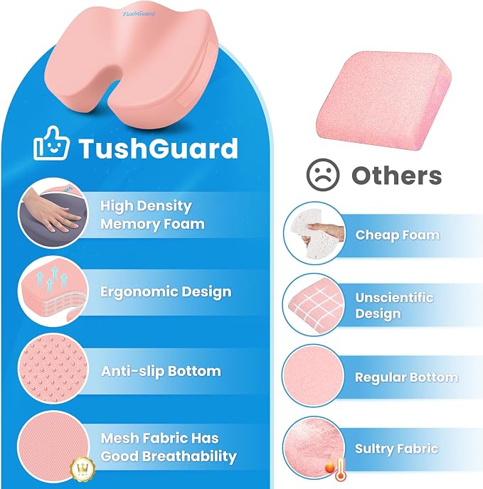 TushGuard Seat Cushion for Office Chair, Memory Foam Chair Cushion, Pink | Office Chair Cushion for Car, Airplane - Chair Pad for Long Sitting Sciatica, Hip, Coccyx,Tailbone Pain Relief, Butt Pillow