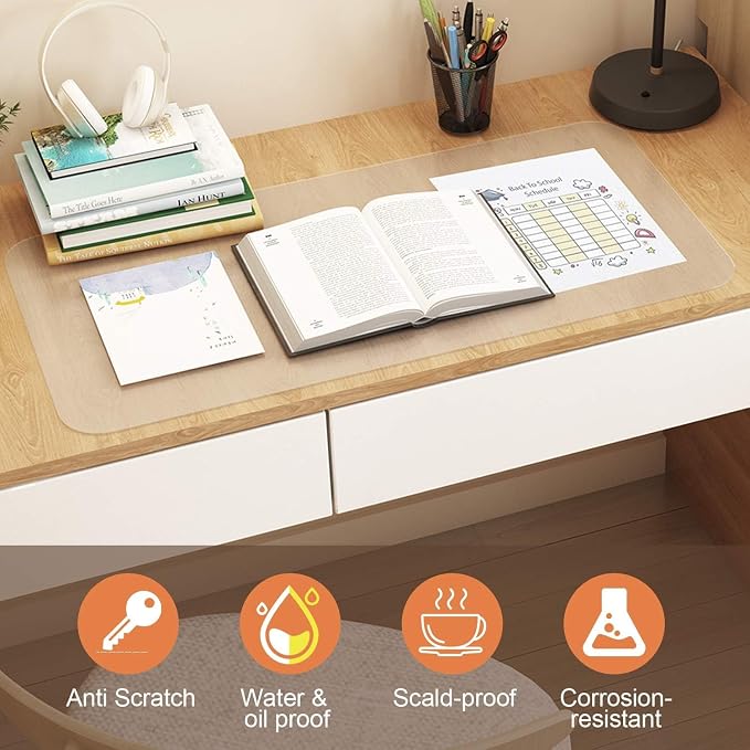 NATRKE Clear Desk Mat Pad, 27.6"x15.7" Large Transparent Computer Desk Mat Plastic Desktop Protector, PVC Writing Pad with Round Edge, Waterproof Wipeable Non-Slip Table Protector for Home Office