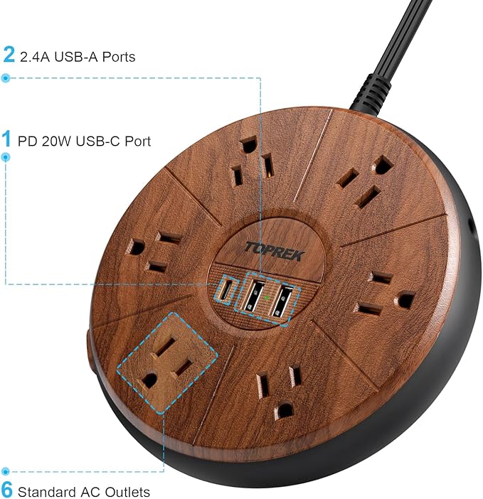 Power Strip with USB, PD 20W USB-C Charging, 6.5 FT Extension Cord with 6 Outlets, 1 USB-C, 2 USB-A, TOPREK Power Strip Surge Protector, Wood Finish Desk Charging Station for Home, Office, Dorm