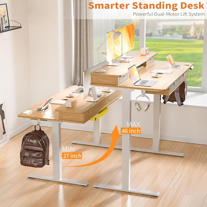 55 * 30 Inches Electric Standing Desk Adjustable Height with 4 Drawers, Double Storage Shelves Stand Up Desk, Home Office Workstation Sit Stand Desk (Nature)