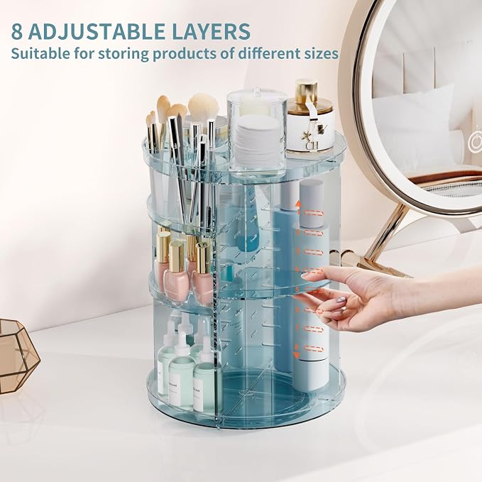 Rotating Makeup Organizer, DIY 8 Adjustable Layers Spinning Skincare Storage, Cosmetic Display Case with Brush Holder and Perfume Tray, Multi-Function Vanity Bathroom Countertop Organizer Clear Blue