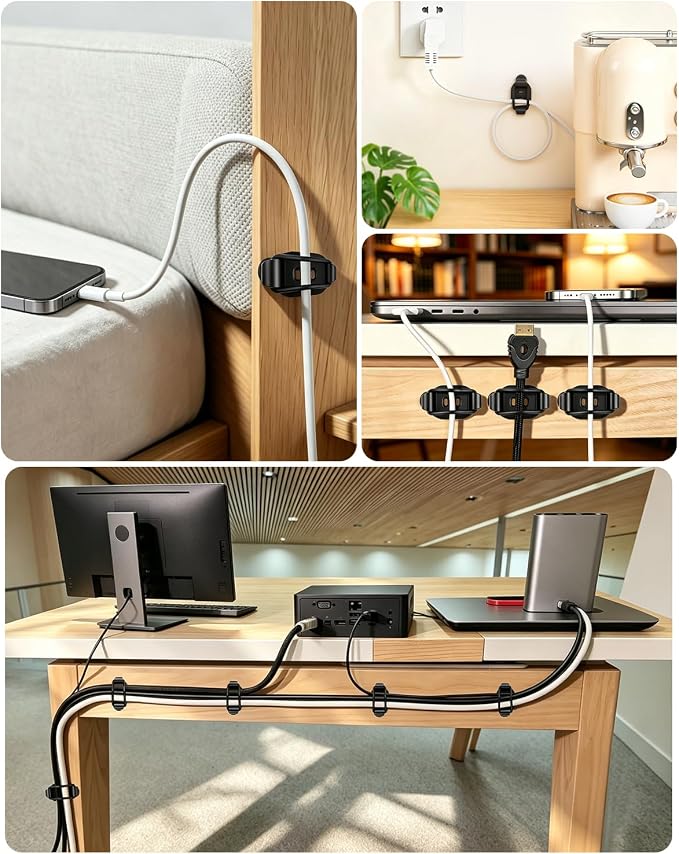 OneLeaf 10-Pack Adjustable Elastic Cable Clips, Cable Management, Black | Self-Adhesive, Cord Organizer, For Office, Home, Car, Under Desk, Behind TV, Nightstand, For Charger, HDMI, PC, Decoration
