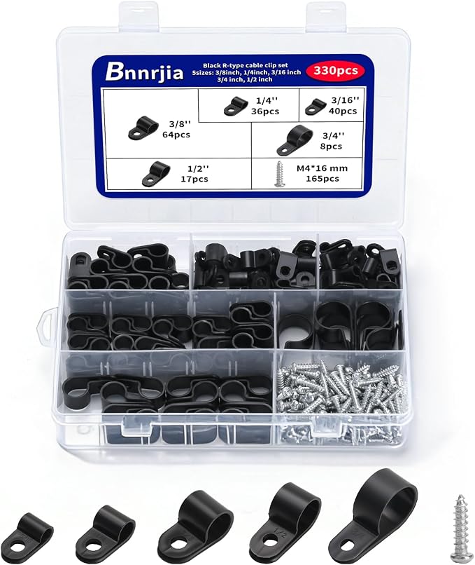 330 Pcs Black Cable Clips Wall, Plastic Wire Cable Clamps with Screws, R Nylon Wire Clips for CordsWire Clamps for Cables, cCable Management Clipss, for Organizing Electric Wires Cords(5 Sizes)