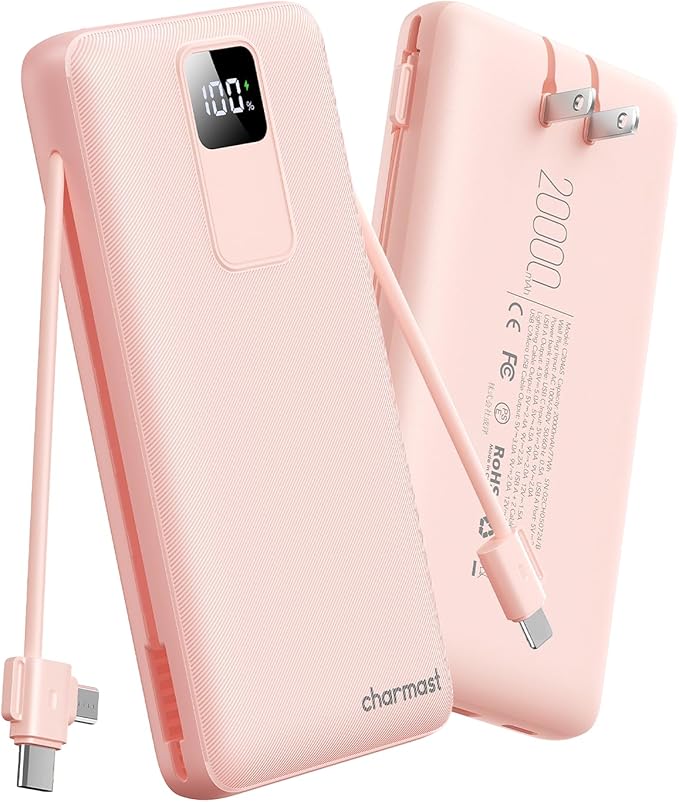 charmast Portable Charger with Built-in Wall Plug and Cables, 20000mAh Power Bank Travel Essentials, 20W Fast Charging Battery Pack Compatible with iPhone 17/16/15/14/13/12/11, Samsung, Android