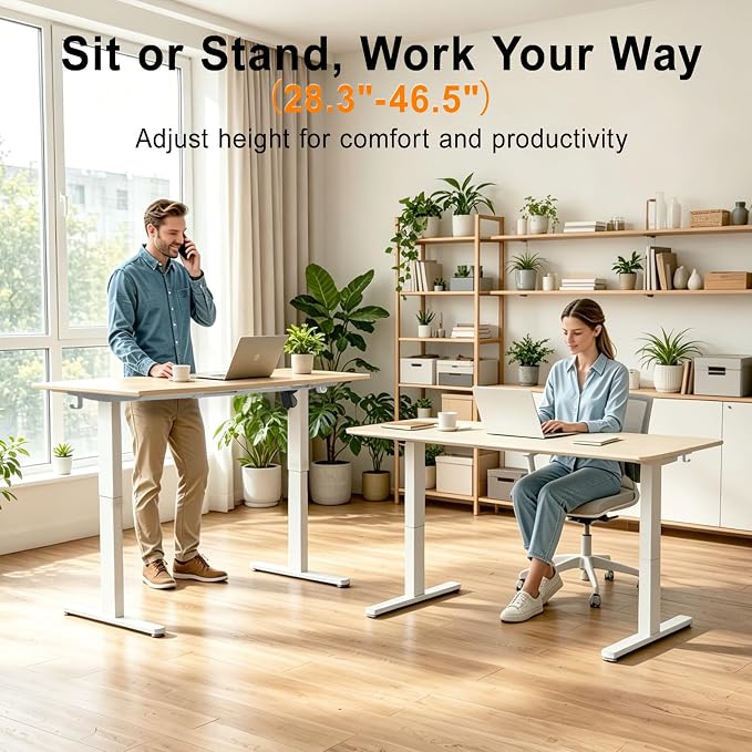 Adjustable Standing Desk, 60x28 Inch Electric Desk with 3 Memory Presets & Child Lock, Quiet Motor, Industrial Steel Frame, Dual Hooks, for Professional Workstation,Natural