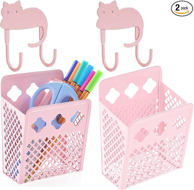 2 Pack Magnetic Pen Holder, Strong Magnet Organizer Dry Erase Marker Holder for Refrigerator, Whiteboard, Locker Accessories Home Office Hanging Pencil Holder with Hooks-Blush