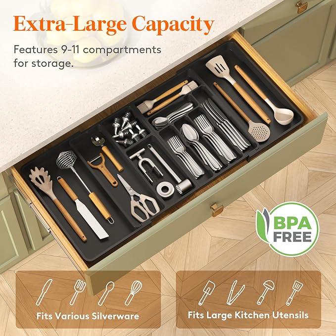 Lifewit Utensil Organizer for Kitchen Drawer, Expandable Cooking Tray | Adjustable Cutlery Flatware Holder, Plastic Silverware Spatula Tools Storage Divider, 21.3- 36 x 16.9", Black