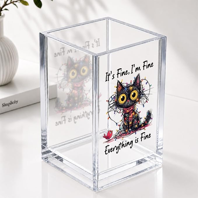 It's Fine I'm Fine Everytiing Is Fine Funny Humor Sarcastic Acrylic Cosmetic Pencil Pen Holder Desk Organizer Clear Crack Resistant Desk Organizer, Mental Health Gifts for Nurse Best Friend Coworker