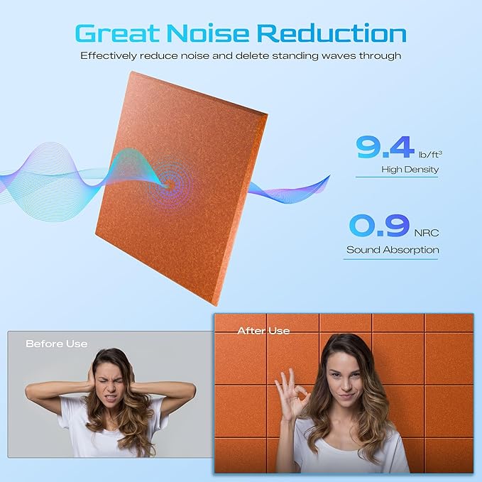 22 Pack Self-Adhesive Acoustic Panels, 12" X 12" X 0.4" High-Density Sound Proof Foam Panels for Walls, Soundproof Wall Panels for Home & Office (Orange)