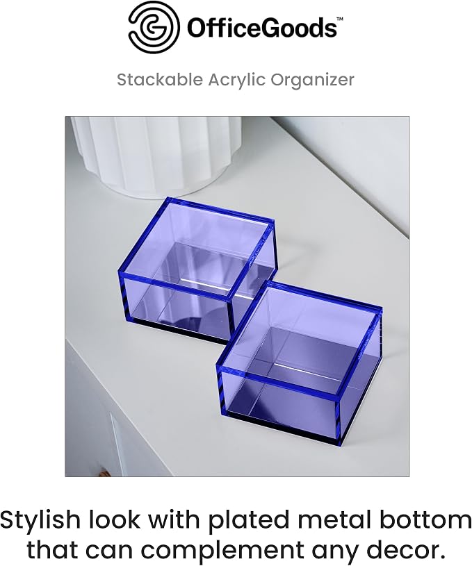 3-Tier Stackable Acrylic Holder- Stylish Desk Organizer and Storage for Office or Home – Transparent Square Design, Blue with Silver Metal Base