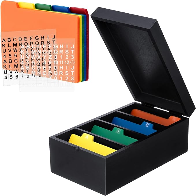 3 x 5 Inch Index Card Holder Set, Bamboo Organizer Box with 50 Dividers & 2 Sheets Alphabet Number Stickers File Note Holders, Holds 1200 Cards for Office Business Home Kitchen, Black