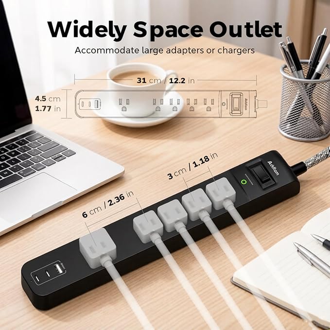 Addtam 2 Pack Power Strip Surge Protector – 5 Wide Spaced Outlets 3 USB (2 USB-C) Charging Ports, 1875W/15A, 25ft Braided Cord, Flat Plug, Overload Surge Protection, Wall Mount for Home, Office & Dorm