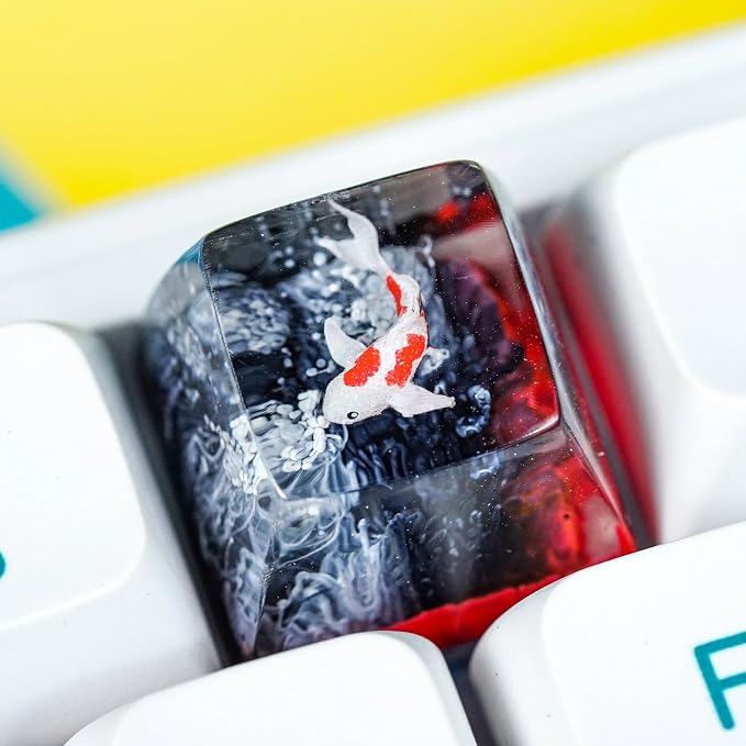 Koi Fish Artisan Keycap Black Red - 1U ESC, R1 SA Profile Custom Handmade Resin Cherry MX Switch Key Cap Mechanical Keyboard, Cool Tech Gifts for Men, Dad, Father, Gamer, Koi Lover