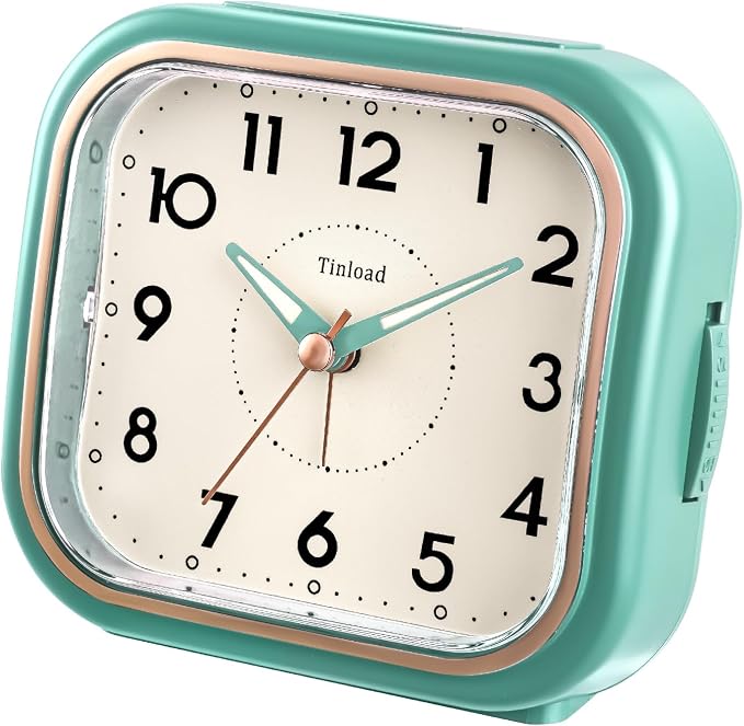 Tinload 4.3" Vintage Retro Analog Alarm Clock, Super Silent Non Ticking Clock with Manual Light, Snooze, Battery Operated, Simply Design, for Living Room, Bedroom, Bedside, Desk(Green)