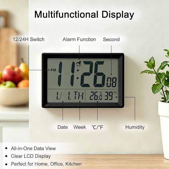 Digital Wall Clock Battery Operated with LCD Display, 6.5” Small Digital Clock with Seconds/Temperature/Humidity/Snooze - 12/24H, Digital Alarm Clocks for Bedrooms, Living Room, Office, Gym