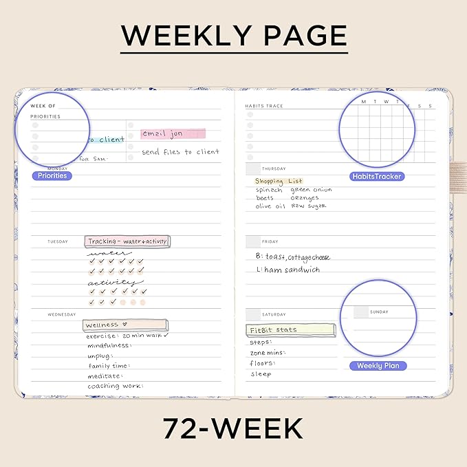 And Per Se Undated Planner, Weekly & Monthly Planner with Goal & Habit Tracker, A5 Leather Hardcover Productivity Journal for Academic Year (Blue Flowers)
