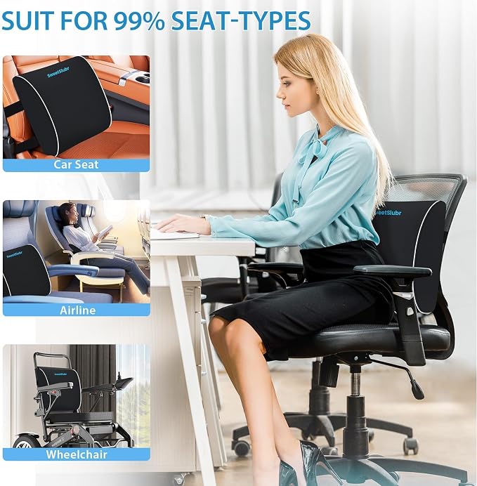 SweetSlubr Large Lumbar Support Pillow for Office Chair, Car Seats and Home Desks, Ergonomic Back Support with Double Adjustable Straps, Machine Washable Cover (Black,XL)