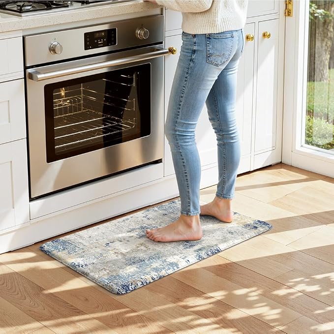 LEEVAN Anti Fatigue Kitchen Mats for Floor, Non-Slip Cushioned Kitchen Rugs | 20"x31", Modern Abstract Blue Thick Memory Foam Kitchen Rugs, Waterproof Ergonomic Standing Mats for Laundry, Office & Sink