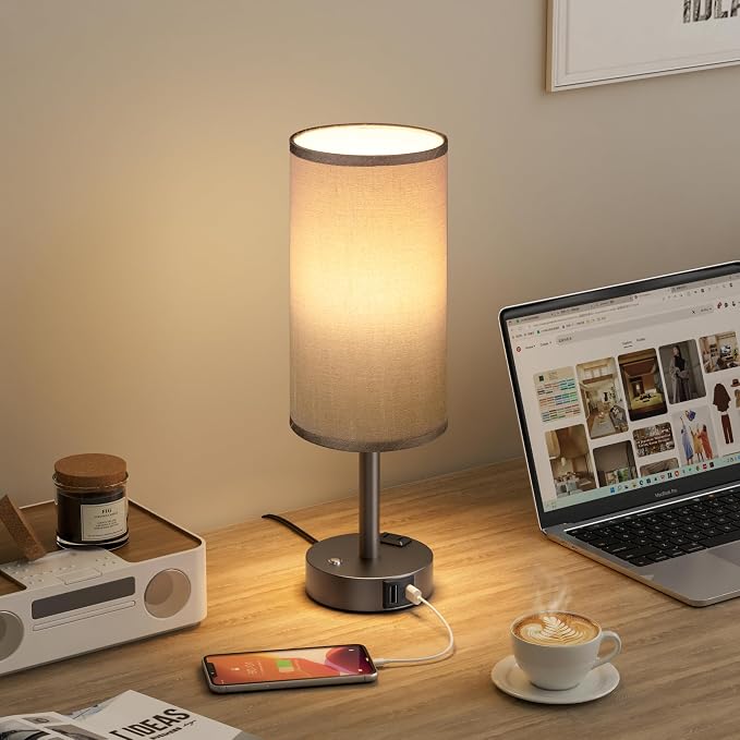 Touch Bedside Table Lamp with Memory - Stepless Dimmable Lamp for Bedroom, Small Nightstand Lamp with Dual USB Charging Ports and AC Outlet, Wood Night Light, Desk Lamp for Nursery (Grey & Grey)