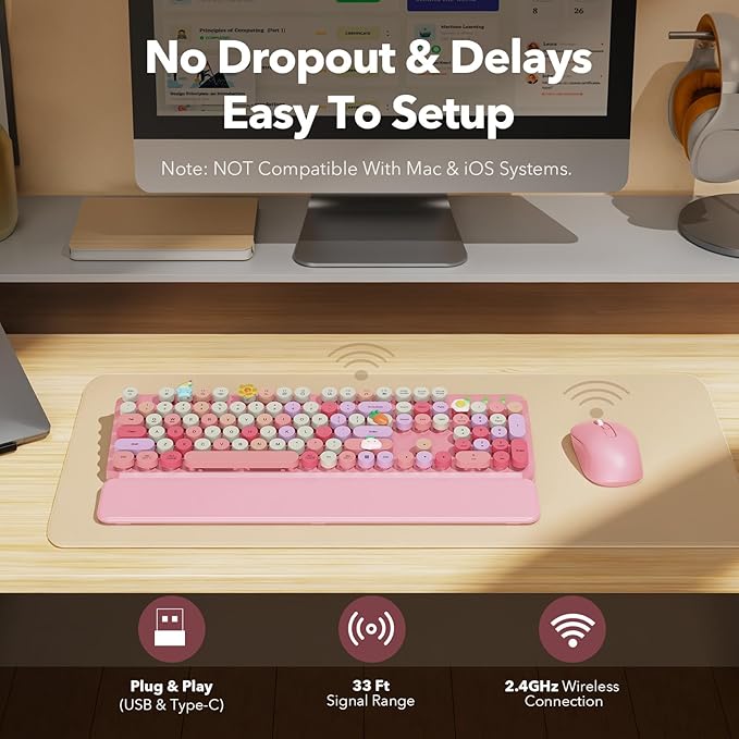 Wireless Keyboard and Mouse Combo, Cute Retro Typewriter Keyboard with Round Keycaps, Full-Size Aesthetic Keyboard with Magnetic Wrist Rest, 2.4GHz USB for Windows/Mac Desktop Laptop(Pink Multi-Color)