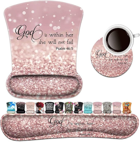 Keyboard Wrist Rest Pad and Ergonomic Mouse Pad Wrist Support Set Psalm 46:5 God is Within Her,She Will Not Fall Pink Design for Gaming, Office, Comfortable and Pain Relief with Coaster Set