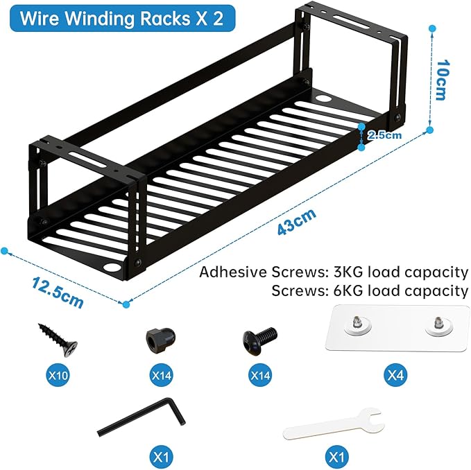 PAVSTINE 2 Pack Under Desk Cable Management Tray, 17 in | Dual Mount Adhesive & Screw, Metal Wire Basket, Holds Up To 15 Lbs, Power Strip Holder Cord Hider for Home/Office Desk