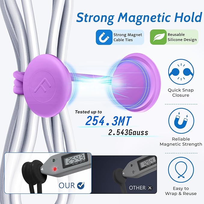 COOLMI Magnetic Cable Ties 12 Pack, 6.88 Inch Reusable Silicone Cord Organizer Wraps, Strong Magnet Cable Management Straps for Charging Cords, USB Cables, Earbuds, Desk, Travel, Assorted Colors