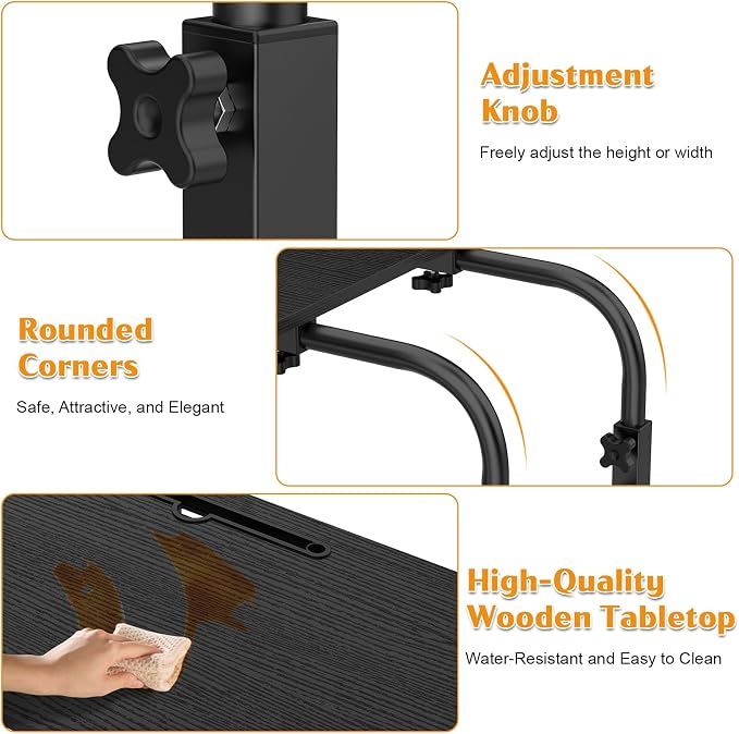 Over the Bed Table with Wheels, Height Adjustable Rolling Desk, Heavy Duty Steel Frame Laptop Workstation for Bedroom, Living Room, Hospital Use, Adults and Kids