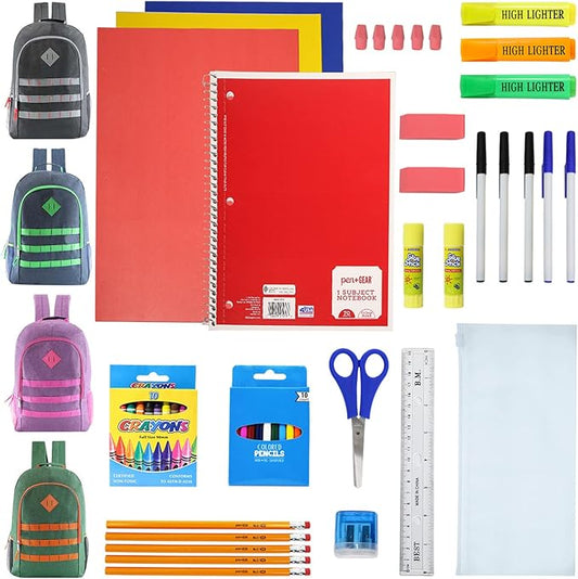 6-Pack 19” Sport Backpacks with 50 Piece School Supplies Kits - Pens, Pencils, Crayons – Bulk Bundle for Elementary, Middle, and High School Students, 6 Assorted Styles