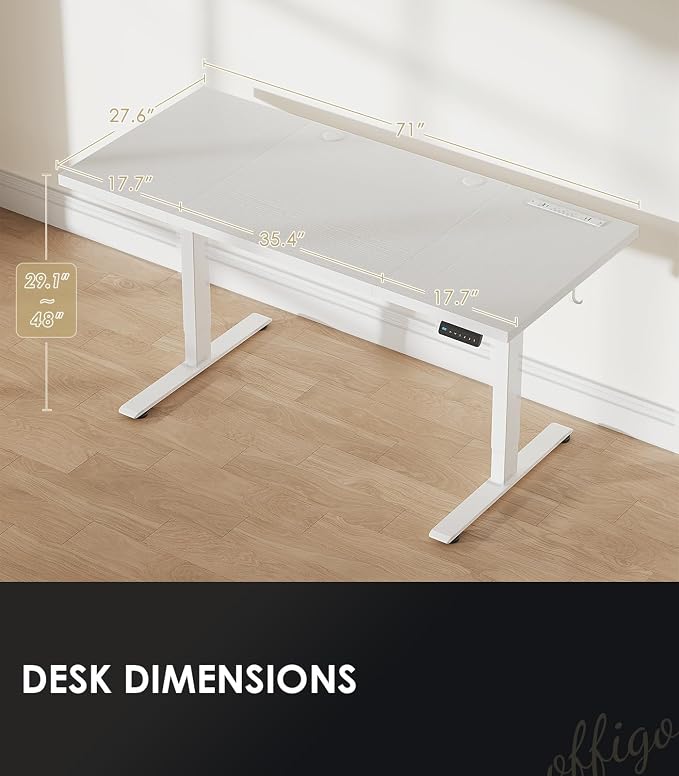 OffiGo 71 Inch Executive Electric Standing Desk Height Adjustable, White | 1.38" Thick 3-Panel Desktop, Power Outlets, 3 Memory Presets, Dual-Beam Frame for Home Office, Workstation, Conference Room