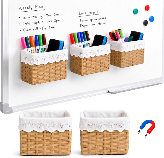 Colarr 3 Pcs Magnetic Rattan Pencil Holder Classroom Magnetic Desk Organizer, Woven Wicker Storage Containers Pen Holder for Refrigerator Whiteboard Home Office School Organizer Supply