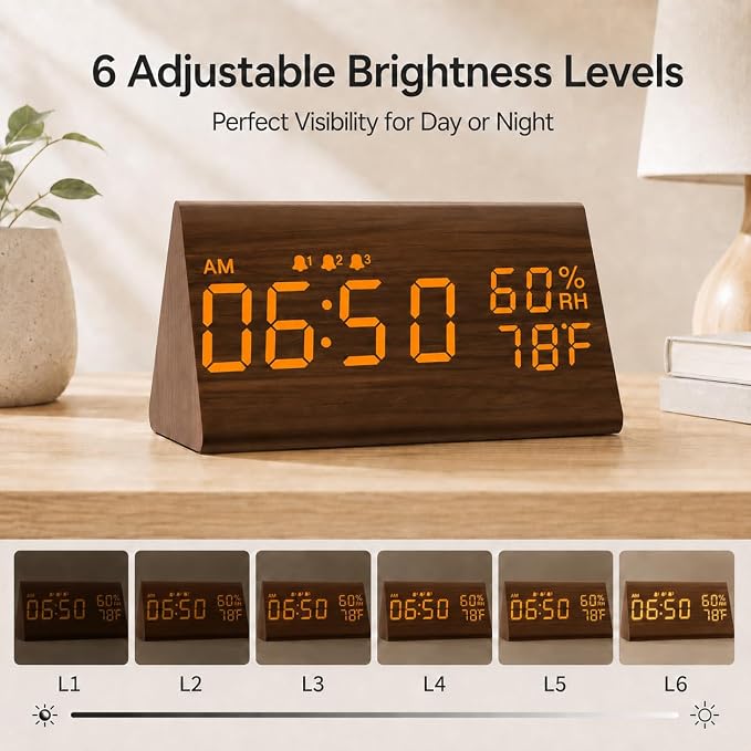 JALL Wooden Digital Alarm Clock for Bedrooms and Office, 3 Alarms with Big Digits, Humidity and Temperature Display, 6-Level Dimmer, Snooze, Loud Desk Clock for Heavy Sleepers, Plug in (Brown)