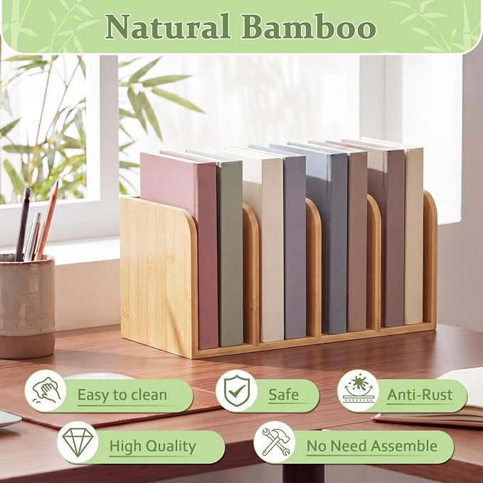 Novabright Bamboo Magazine File Holder Desk Organizer, 4 Vertical Compartments Workspace Sorters for Magazines, Binders, Notebooks, Envelopes