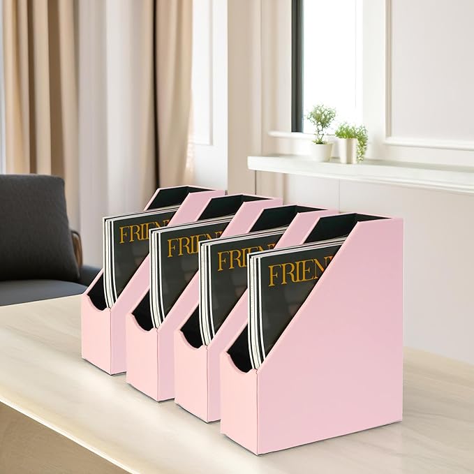 UnionBasic Magazine File Holder, Leatherette Desktop Document Organizer, Home Office Paper Holder File Storage Literature Sorter, Pink