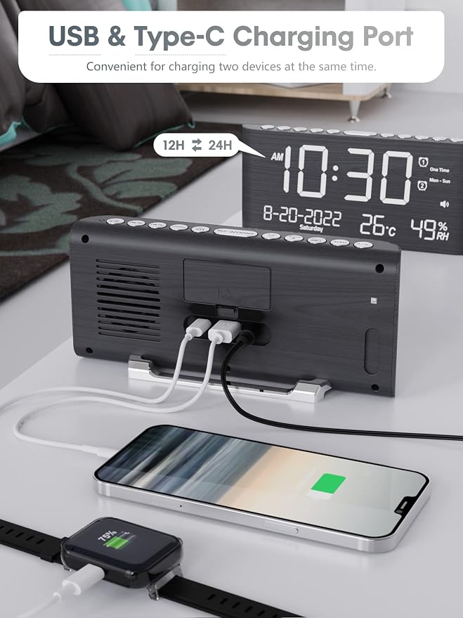 Raynic Alarm Clock, 8.7 Inch Digital Clock, Alarm Clock with USB and Type-C Charger,Dual Alarms,Temperature, Humidity,Date, 5 Adjustable Volume and 5 Dimmer for Bedroom Living Room Office (Grey) | USB-C and USB Charging Ports, Date, Indoor Temperature ...
