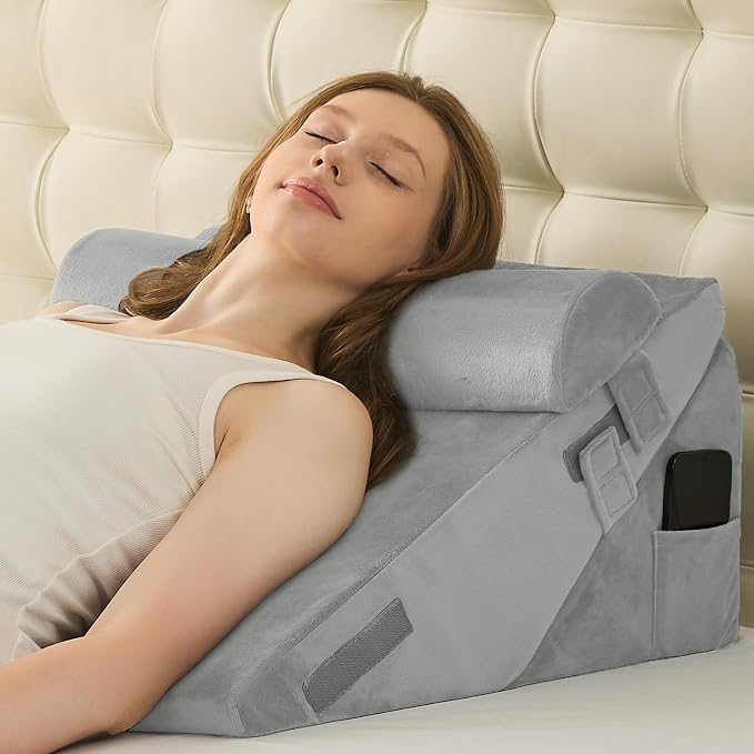 Sasttie Adjustable Wedge Pillow Set for After Surgery, Velvet - Light Grey | Bed Wedge Pillow Headboard with Memory Foam Neck Cushion, for Acid Reflux, Sleeping, Neck & Back Support