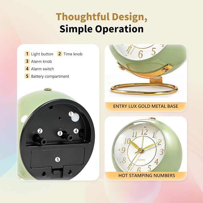 Analog Alarm Clock, Retro Small Desk Clock with Night Light, Cute Simple Design, Silent Non-Ticking, Battery Powered, Backlight Clock for Bedroom,Travel,Kitchen,Bedside Desktop Decor