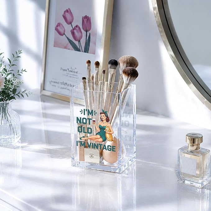 YAZMEEN Vintage Gift Acrylic Pen Holder - I'm Not Old, I'm Vintage Desk Organizer - Office & Home Desk Accessories - Birthday Gift for Women, Mom, Grandma, Friends