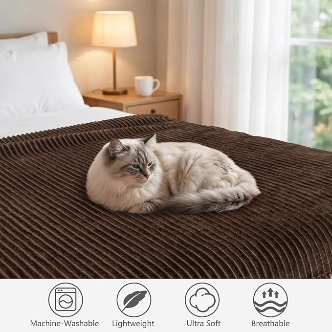 Vessia Flannel Fleece Throw Blanket(50X70 Inch), 300GSM Cozy Brown Stripe Throw for Couch, Sofa and Bed, Warm and Soft Chocolate Microfiber Ribbed Blanket for All Season