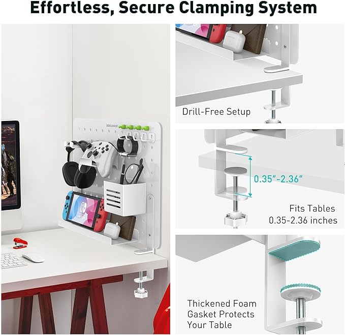 Clamp-on Desk Pegboard – Steel No Drill Desktop Organizer Panel with Gaming Controller Holder, Headphone Hook, and Storage Shelf – Vertical Mount for Office and Home Setup(White