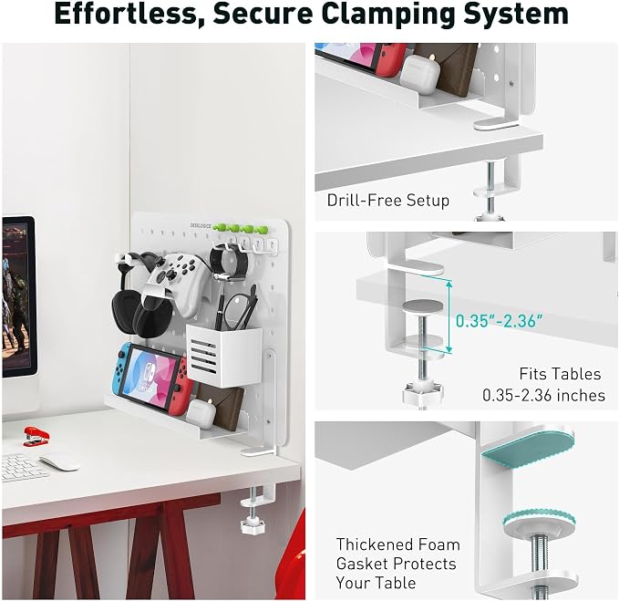 Clamp on Desk Pegboard 16.5"x12.6", White Heavy Duty Steel Desktop Organizer with 4 Magnet Pins, No-Drill Metal Peg Board Mount for Office & Gaming, Horizontal/Vertical