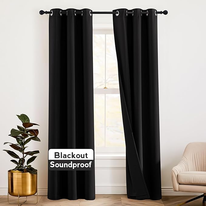 RYB HOME Soundproof Curtains for Bedroom - 3 Layers 100% Blackout Noise Cancelling Thermal Insulted Curtains for Living Room Home Theatre Office Window Decor, W 42 x L 63 inch, Black, 1 Pair