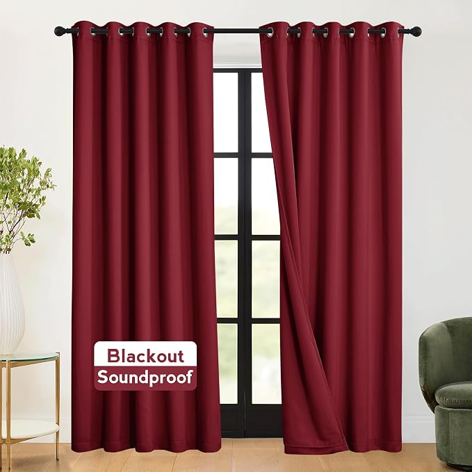 RYB HOME 3-in-1 Soundproof - Blackout - Thermal Insulation Living Room Divider Curtains, Large Bay Window Curtains for Bedroom Theatre Office Backdrop, Burgundy Red, W 62 x L 84 inches, 2 Panels