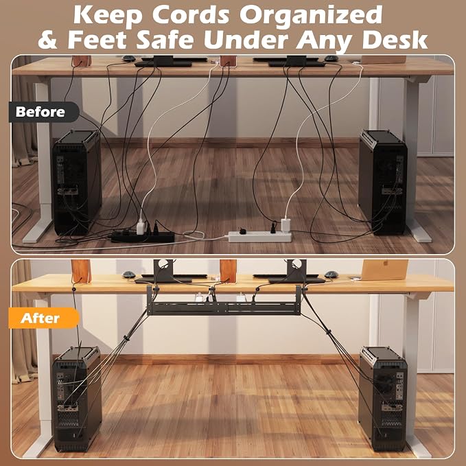 Under Desk Cable Management Tray - 18-29in Retractable Iron Cord Organizer, No-Drill Installation with Anti-Slip Pads, Desk Cable Tray for Office, Gaming,Standing Desks(Black)