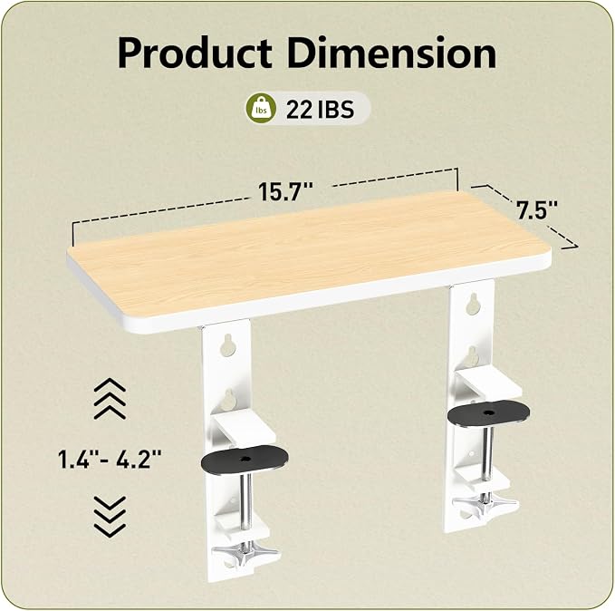 15.7"×7.5" Clamp-on Desk Extender, Monitor and Laptop Riser | Heavy-Duty Side/Top Desk Organizer Shelf, Adjustable Desktop Storage for Office Accessories, Light Wood