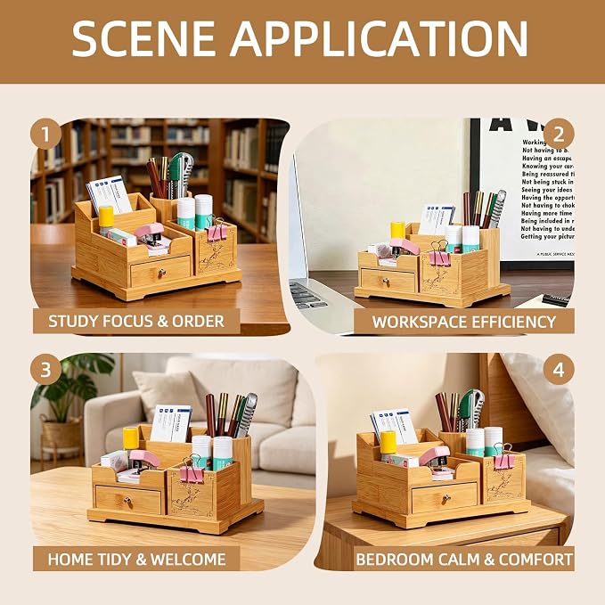 Bamboo Desk Organizer with Drawer & Pen Holder, Office Desk Caddy Storage | Natural Bamboo Wooden Desk Organizers and Accessories with Drawers Multi-Compartment Desktop Storage for Office Home Supplies