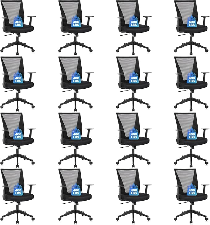 CLATINA Big and Tall Office Chair, Heavy Duty Ergonomic Mesh Computer Desk Chair with Armrests, Adjustable Height Rolling Swivel Mid Back Executive Task Chairs for Home Office Conference, Black, 16PK
